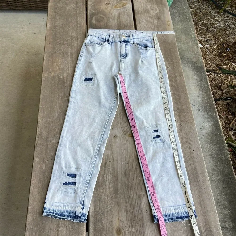 Justice Girls Jeans Sz 14S High Rise Straight Acid Washed Distressed‎ Ripped NEW